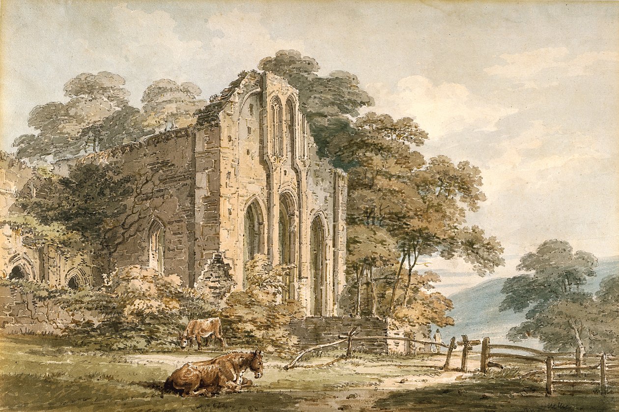 Abbaye de Valle Crucis, Denbighshire, nord du Pays de Galles (aquarelle sur crayon sur papier vélin blanc) - Thomas Girtin