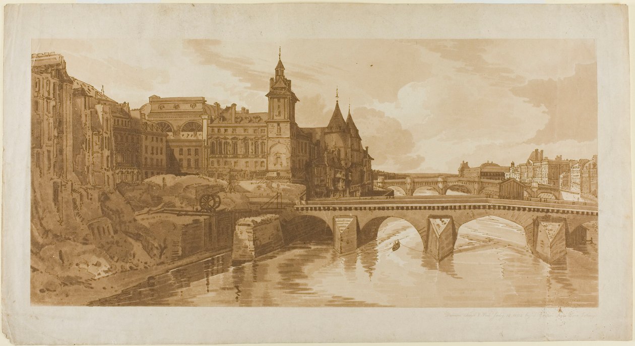 Vue du Pont au Change, du Théâtre de la Ville, du Pont Neuf, de la prison de la Conciergerie, etc. prise du Pont Notre Dame, de la sélection de vingt des vues les plus pittoresques de Paris - Thomas Girtin