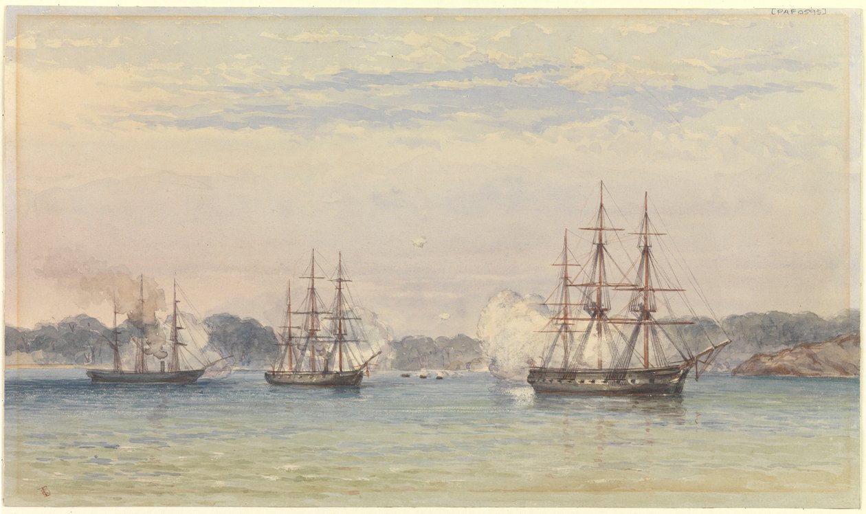 La guerre de Chine 1857, trois navires de Sa Majesté bombardant et des bateaux à terre - Thomas Goldsworth Dutton