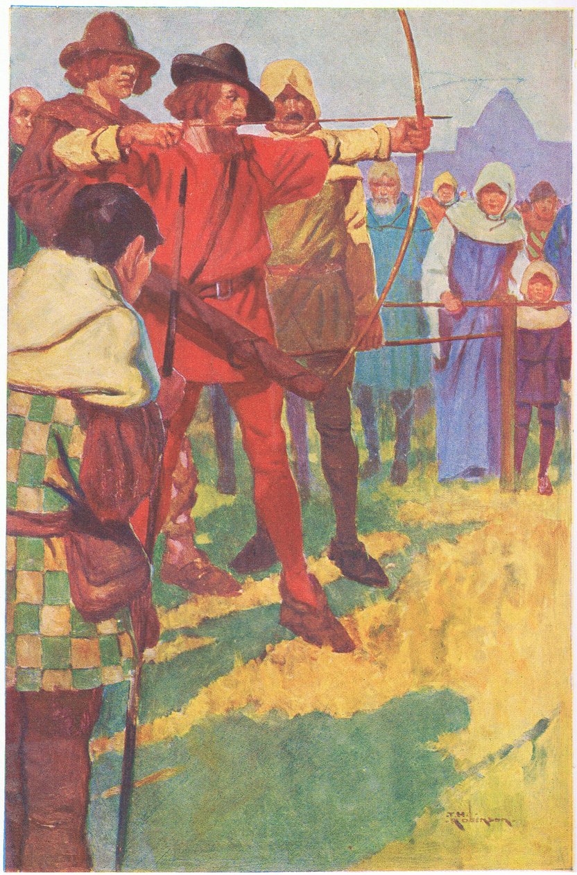 Il tend son arc un bref instant, puis détache la corde (lithographie couleur). - Thomas Heath Robinson