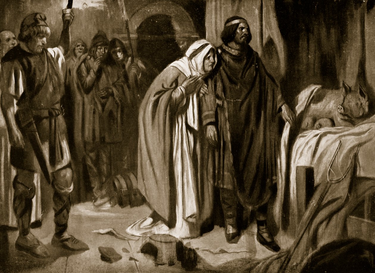 La reine Ethelburga persuadant Ine de Wessex de renoncer à la couronne, 728, illustration tirée de "Hutchinson