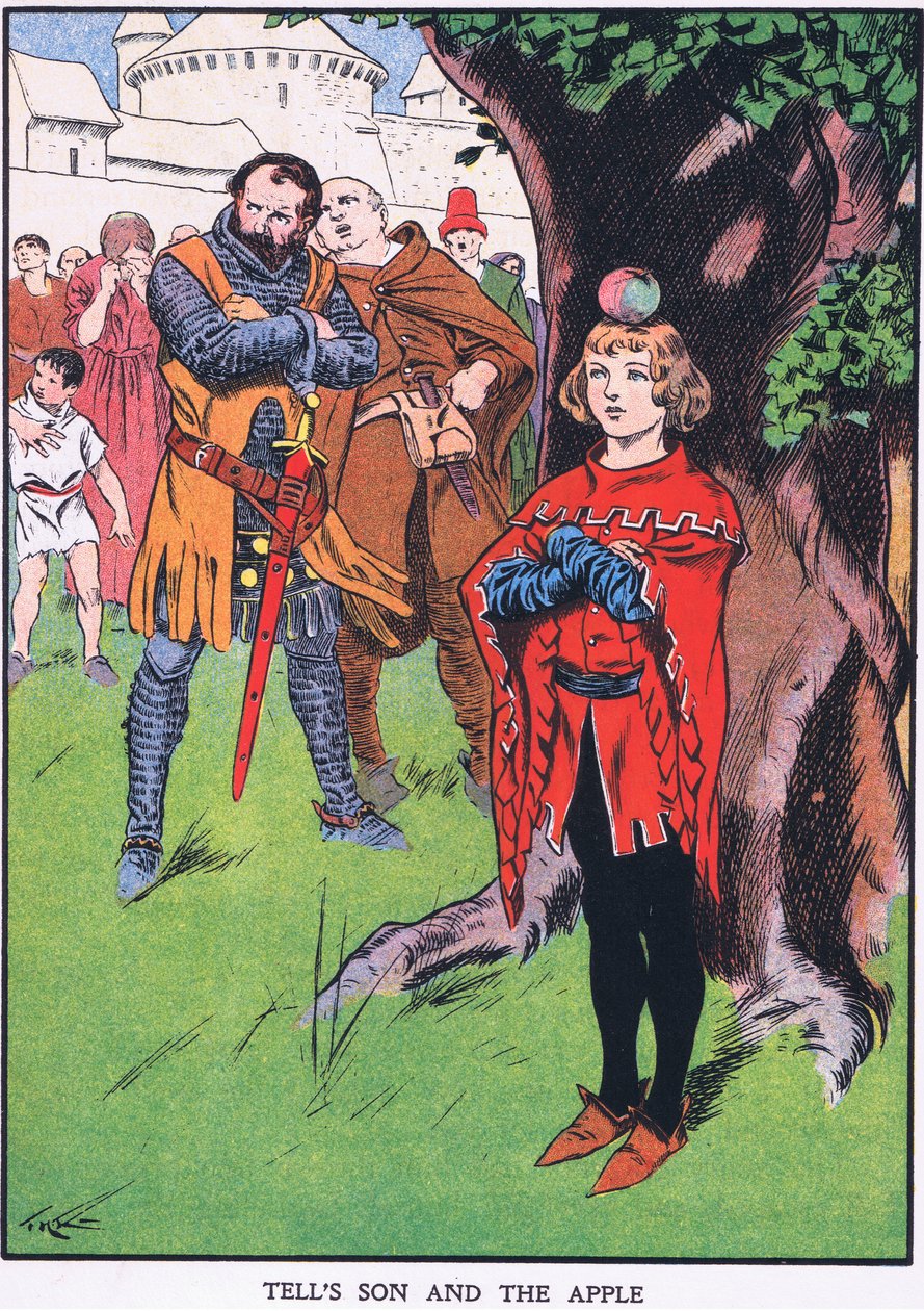 Le fils de Guillaume Tell et la pomme (lithographie couleur) - Thomas Heath Robinson