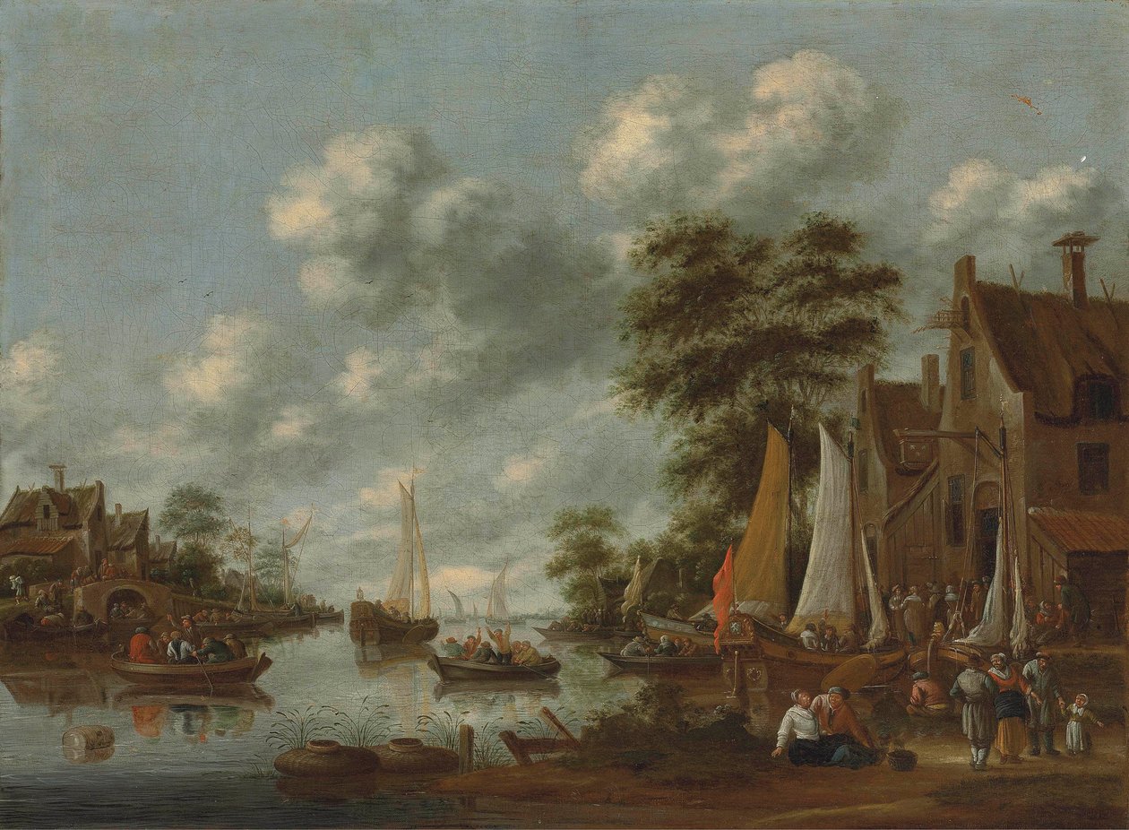 Paysage fluvial avec bacs et autres bateaux, personnages débarquant près d
