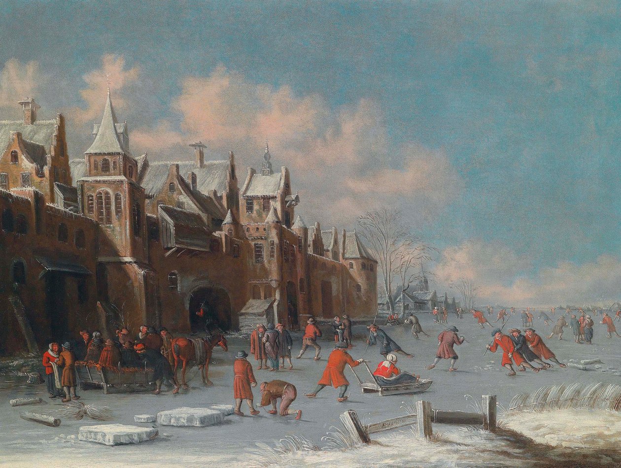 Patineurs sur la glace devant les portes d