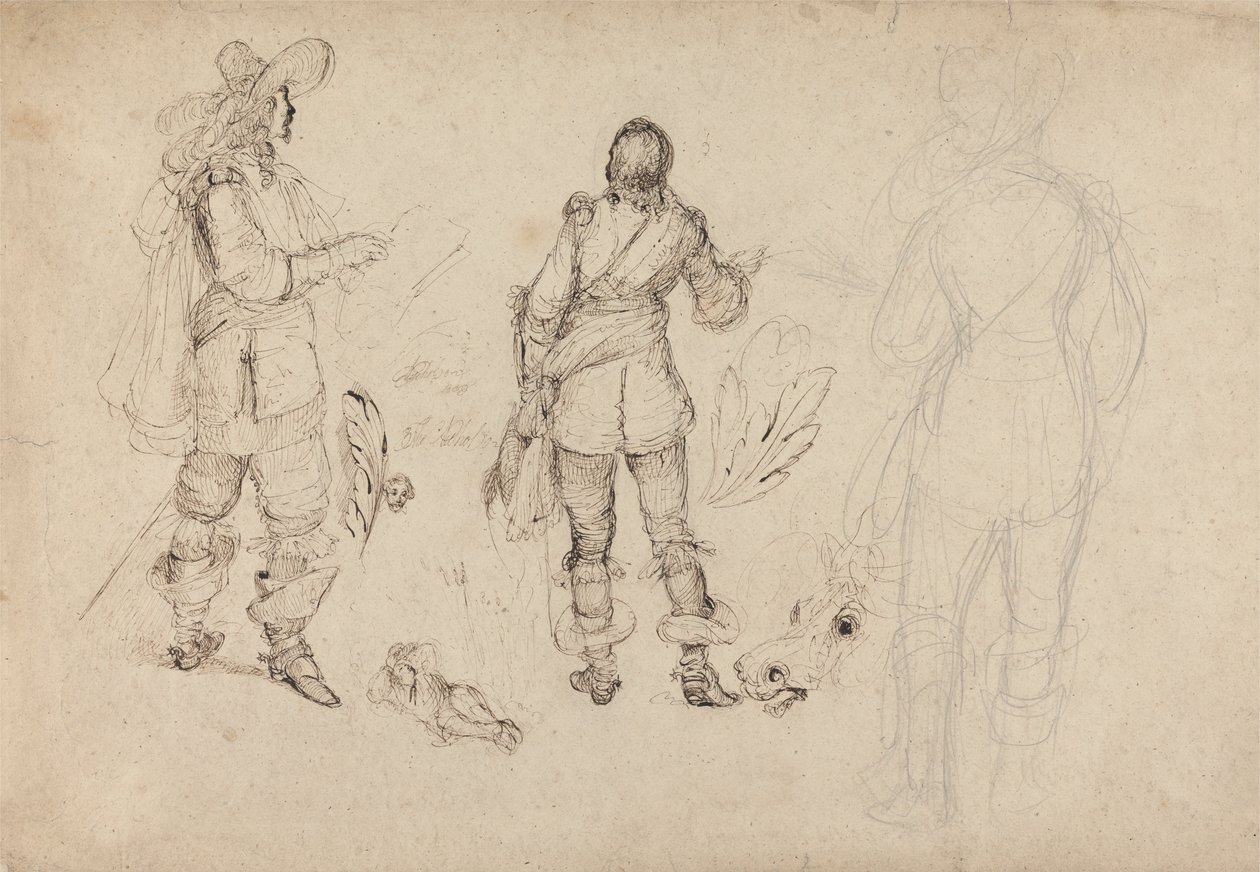 Page de croquis de cavaliers, tête de cheval et plumes - Thomas Henry Nicholson