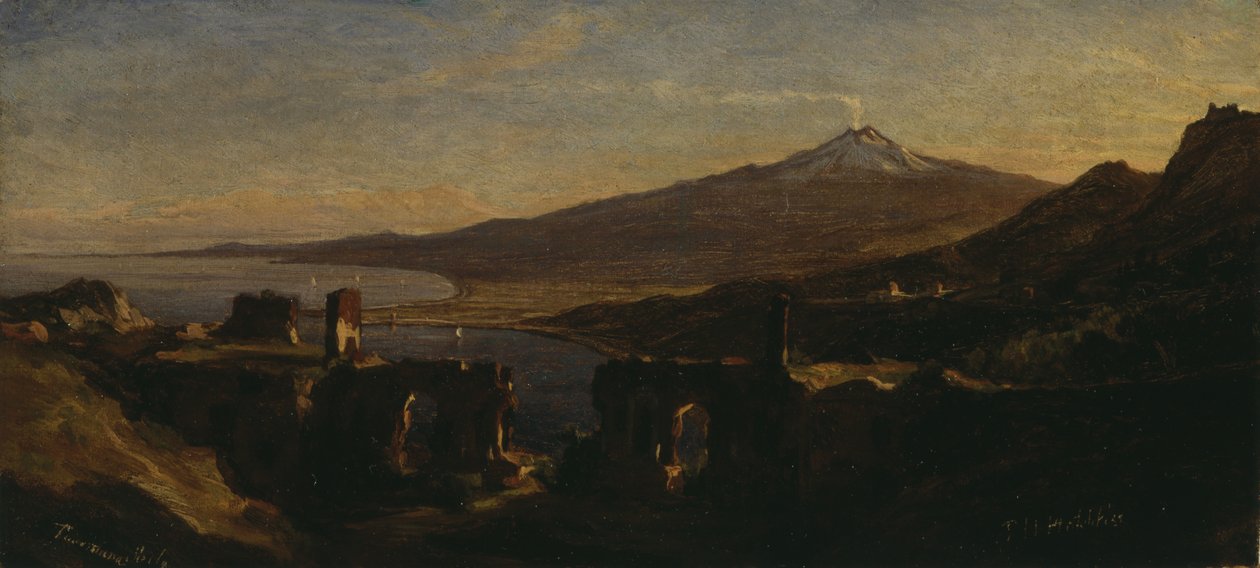 Vue des ruines du théâtre grec de Taormina, Sicile, avec le mont Etna (fumant) - Thomas Hiram Hotchkiss