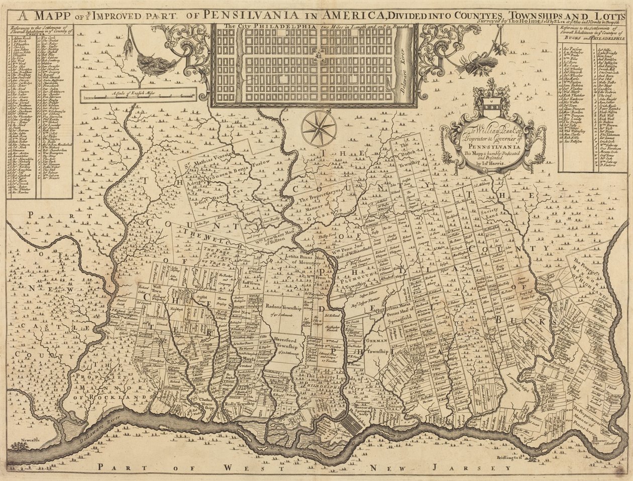 Carte de la partie améliorée de la Pennsylvanie en Amérique, divisée en comtés, cantons et lots - Thomas Holme