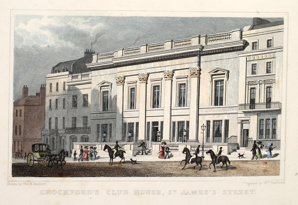 Club House de Crockford, rue St. James. Publié en 1828 - Thomas Hosmer Shepherd