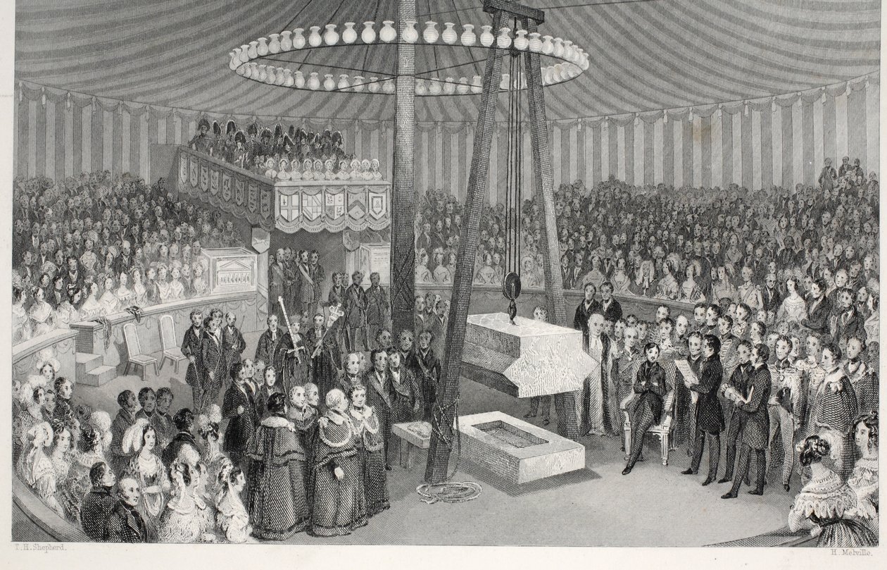 Pose de la première pierre de la nouvelle Bourse Royale, tirée de 
