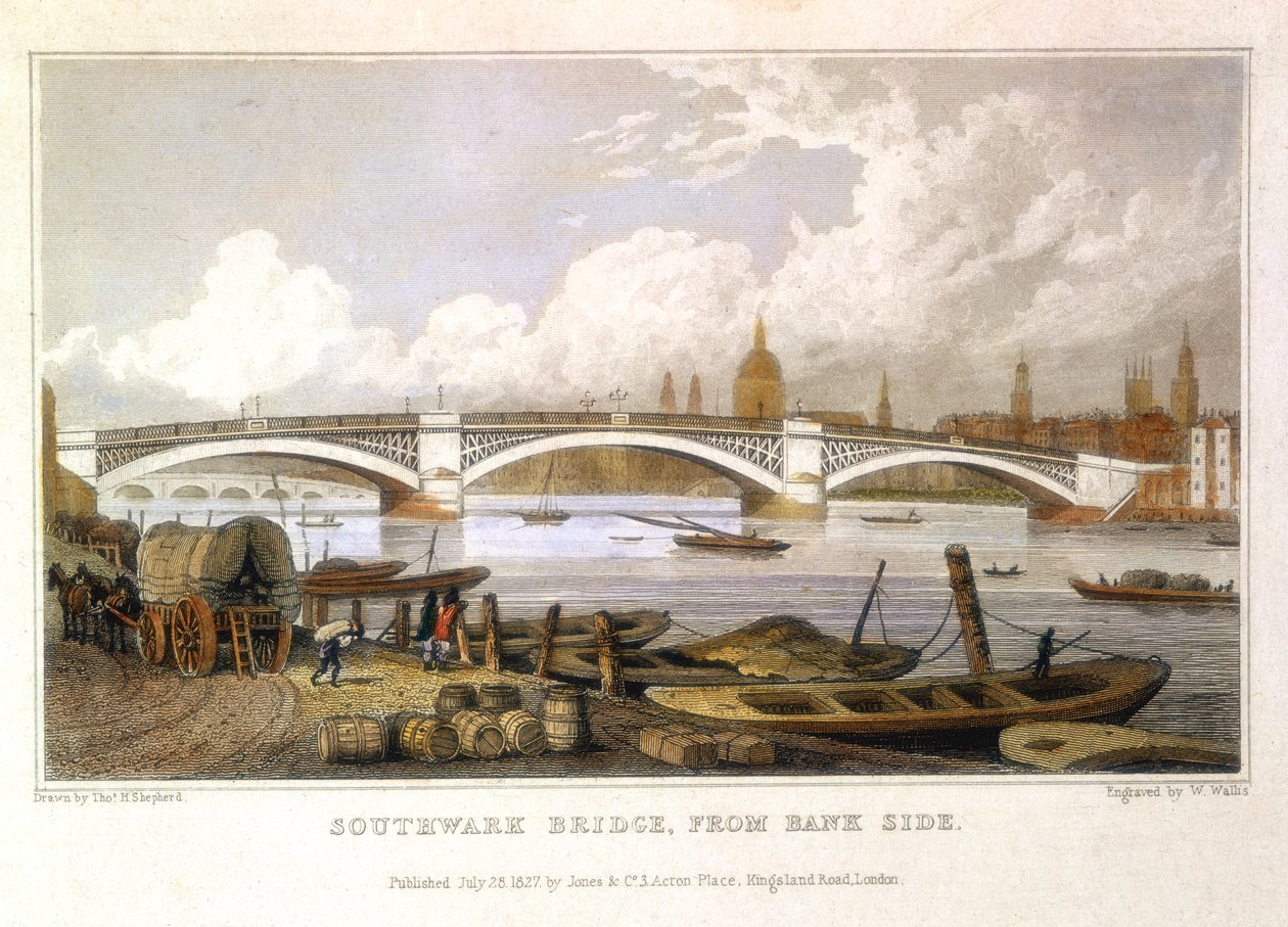 Pont de Southwark depuis Bank Side, Londres, 1817 - Thomas Hosmer Shepherd