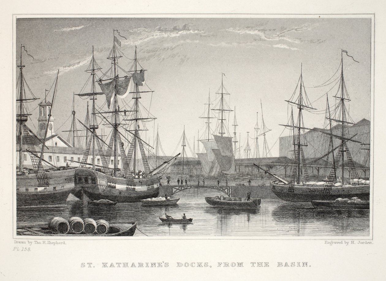 Docks de Sainte Catherine, du bassin, Tour, de Londres et ses environs au XIXe siècle pub. Jones und Co., 1827-1829 - Thomas Hosmer Shepherd
