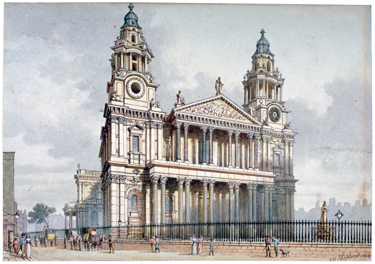 Façade ouest de la cathédrale Saint-Paul, City de Londres, 1814 - Thomas Hosmer Shepherd