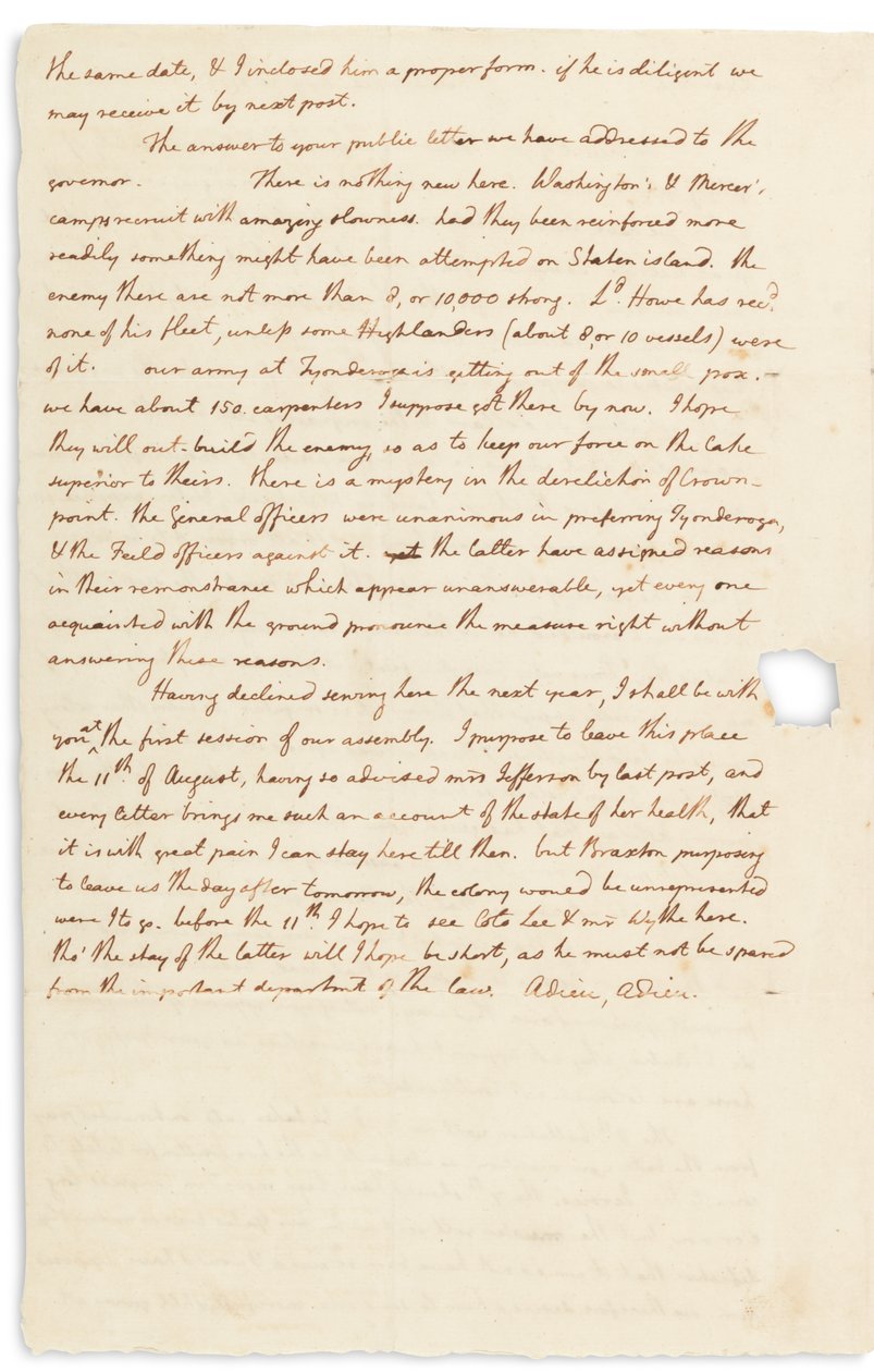 Lettre autographe à John Page, Philadelphie, 30 juillet 1776 - Thomas Jefferson