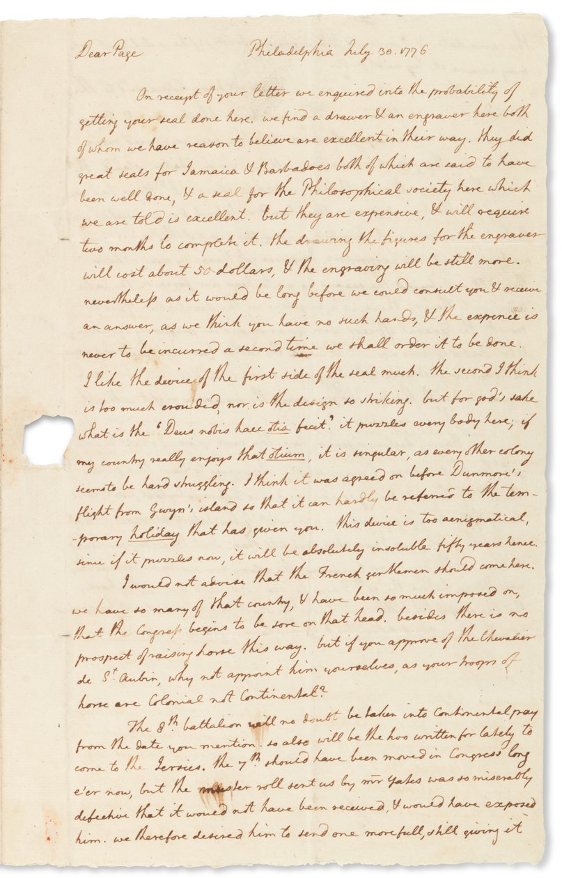 Lettre autographe à John Page, Philadelphie, 30 juillet 1776 - Thomas Jefferson