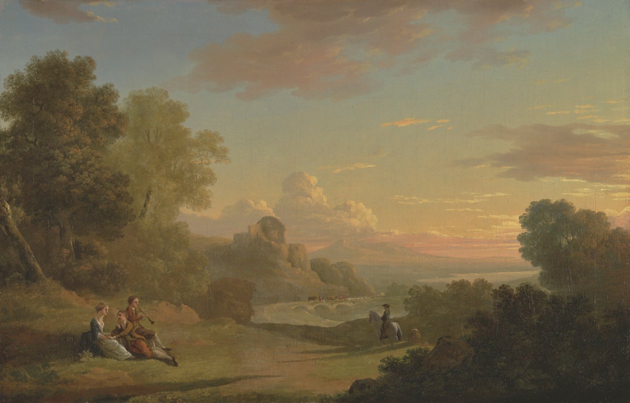 Paysage imaginaire avec un voyageur et des figures surplombant la baie de Baiae - Thomas Jones