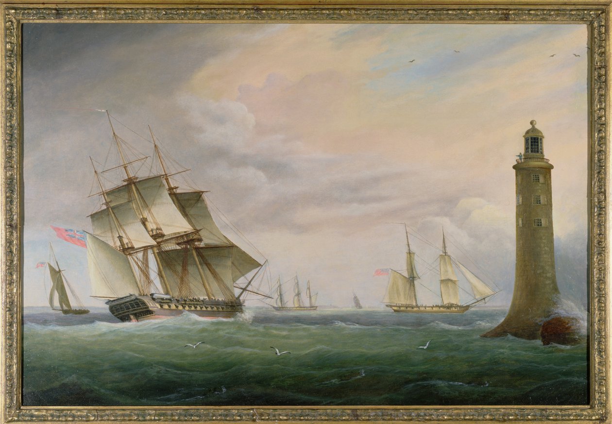 Une Frégate et une Brigantine de la Marine passant le Phare d