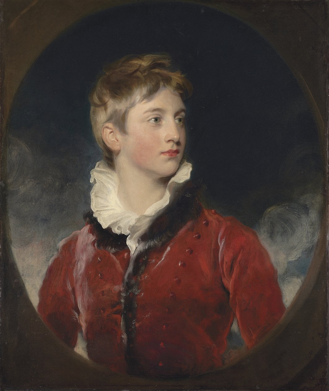 Portrait de Frederick William Stewart, 4e marquis de Londonderry, K.P., M.P. (1805-1872) enfant, mi-longueur, en manteau rouge, dans un ovale feint - Thomas Lawrence