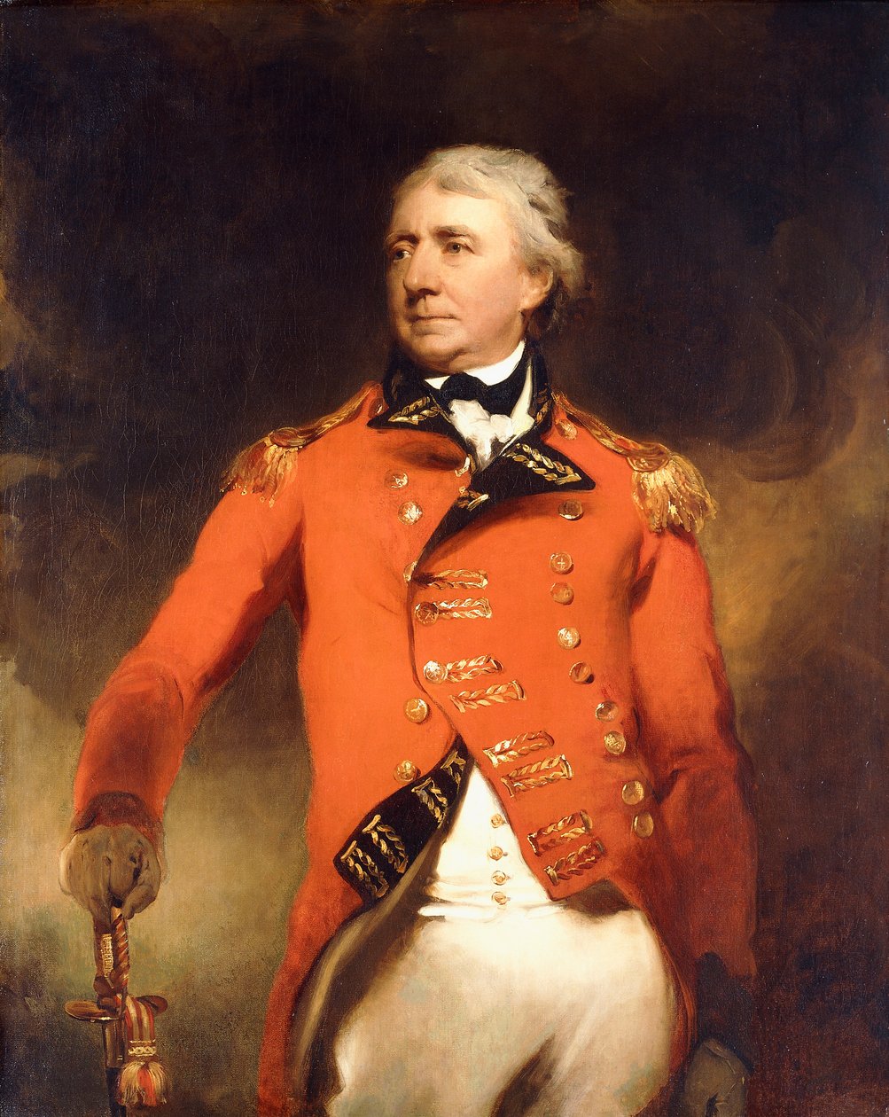 Portrait du général James Stuart debout en trois-quarts, portant un uniforme rouge avec des galons dorés - Thomas Lawrence