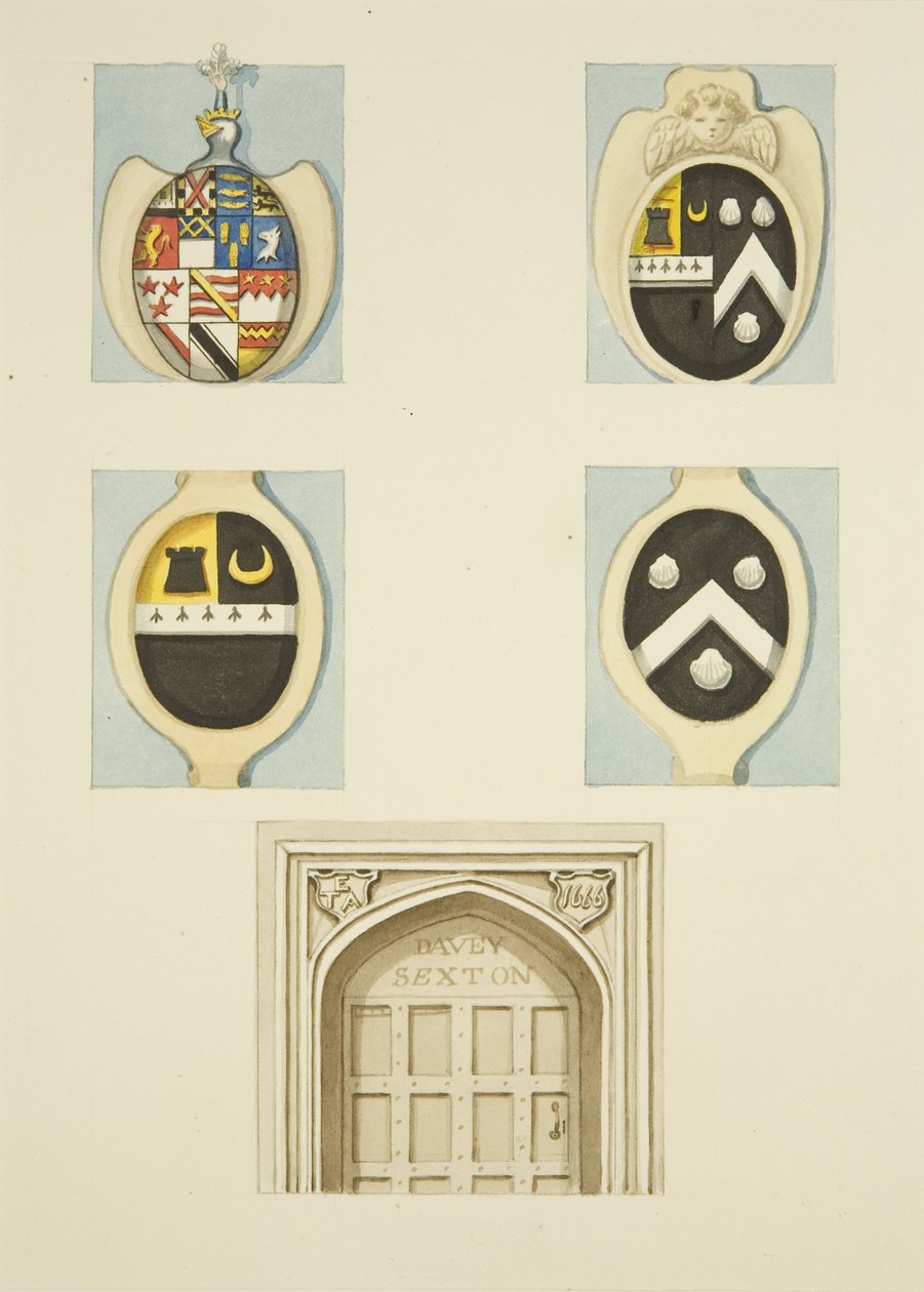Armoiries et écoinçons au-dessus de la porte de la maison du sacristain à Whitson Court - Thomas Leeson the Elder Rowbotham