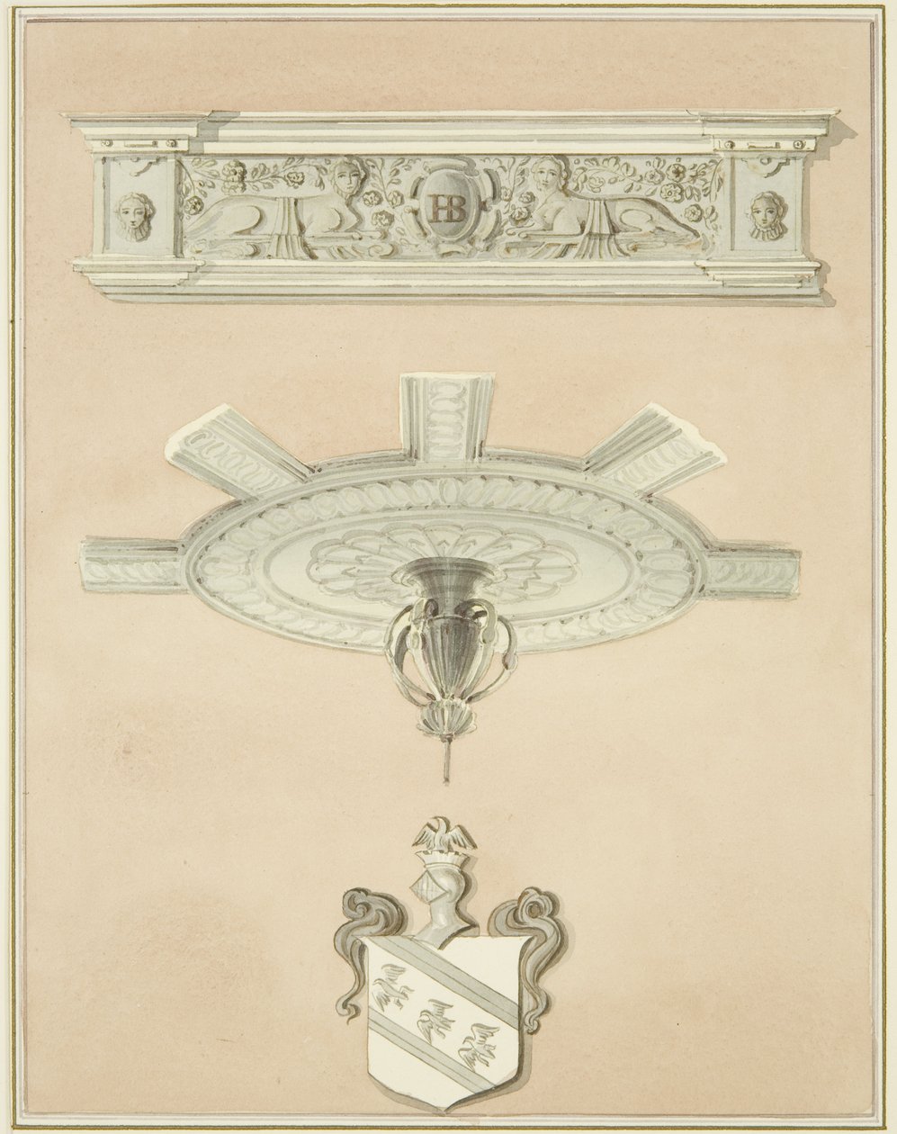 Détails de la salle de la bibliothèque de droit, y compris le pendentif central du plafond et la corniche - Thomas Leeson the Elder Rowbotham