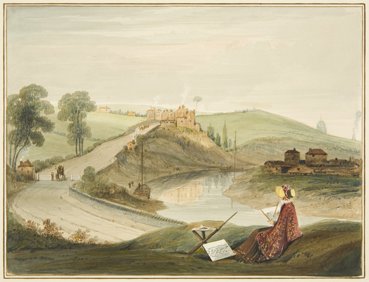 Totterdown et Pile Hill depuis Bath Road, montrant le péage de Brislington (avec une Miss Braikenridge? dessinant) - Thomas Leeson the Elder Rowbotham