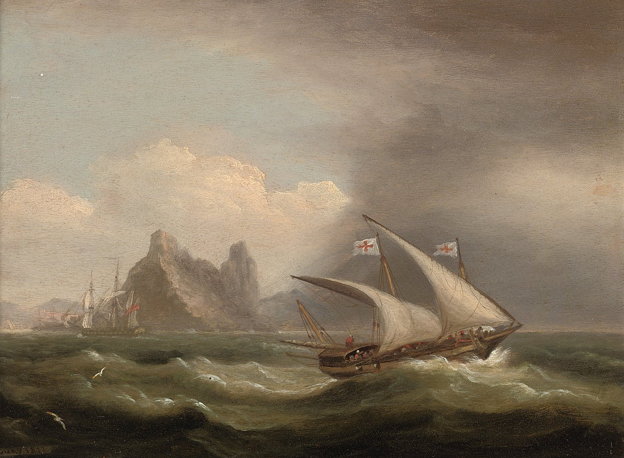 Un xebec armé en Méditerranée, une frégate britannique à son arrière et passant devant une côte rocheuse - Thomas Luny
