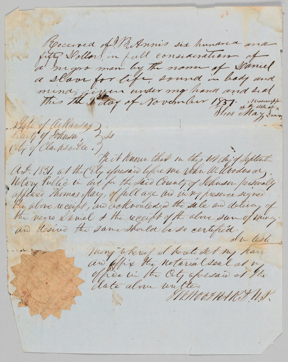 Acte de vente pour un homme nommé Daniel à Jerome B. Annis - Thomas May