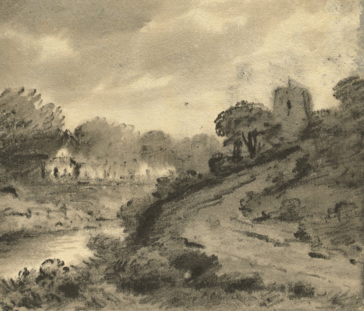 Paysage fluvial boisé avec un rocher au premier plan à gauche, vers 1800 - Thomas Monro