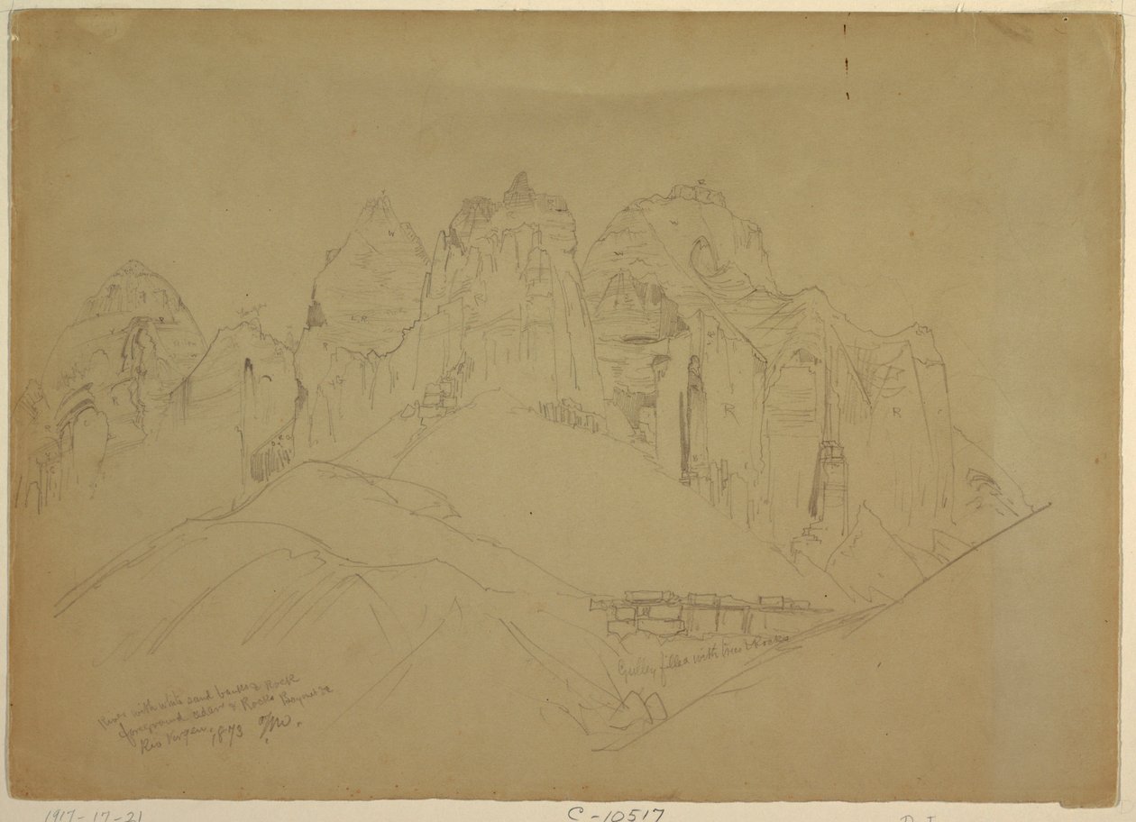 Dessin, rivière Rio Virgin avec de grandes formations rocheuses, 1873 - Thomas Moran