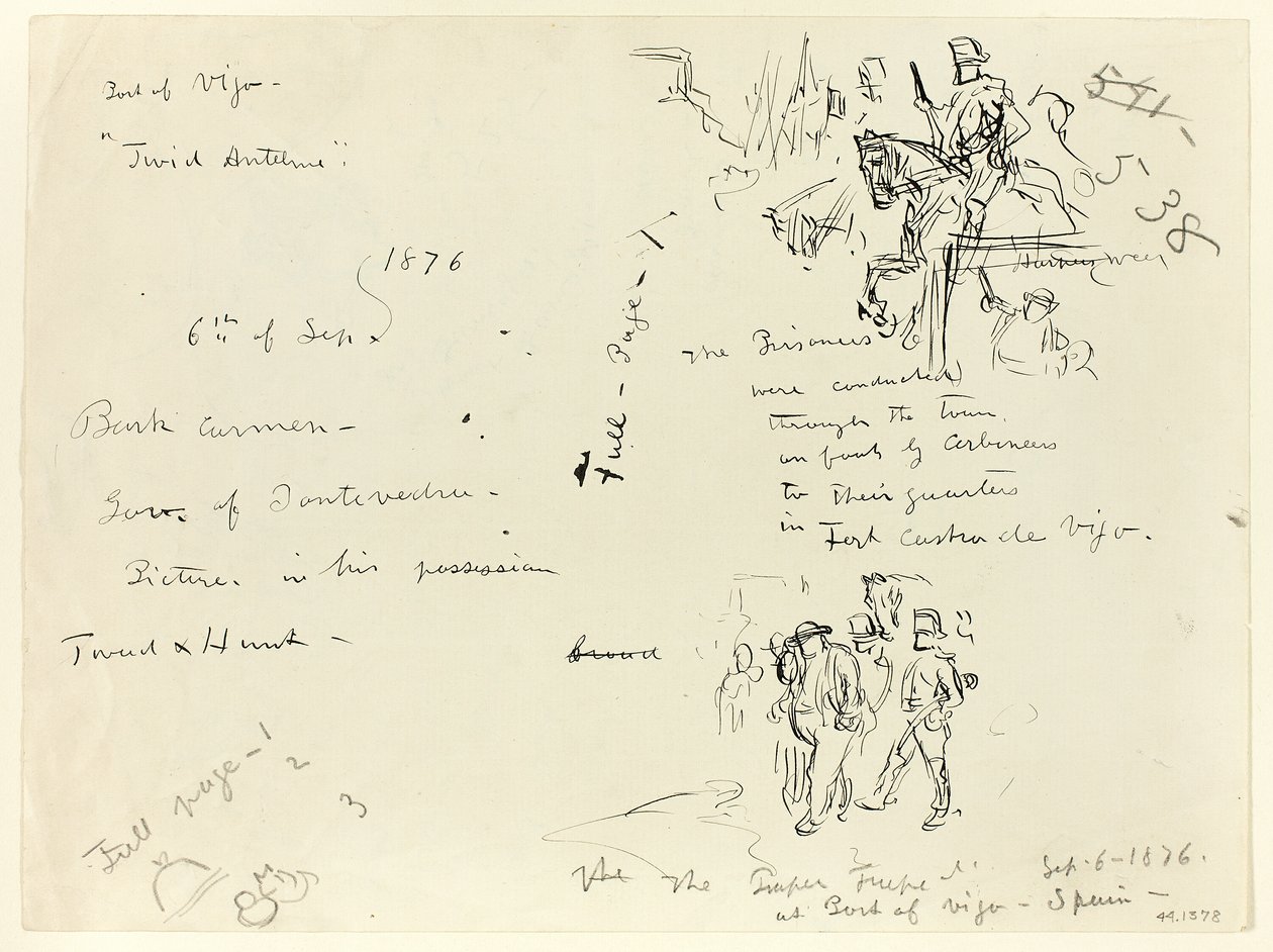 Feuille de croquis : Soldat à cheval et soldat au sabre condamnant un prisonnier (recto) ; feuille de croquis (verso) - Thomas Nast