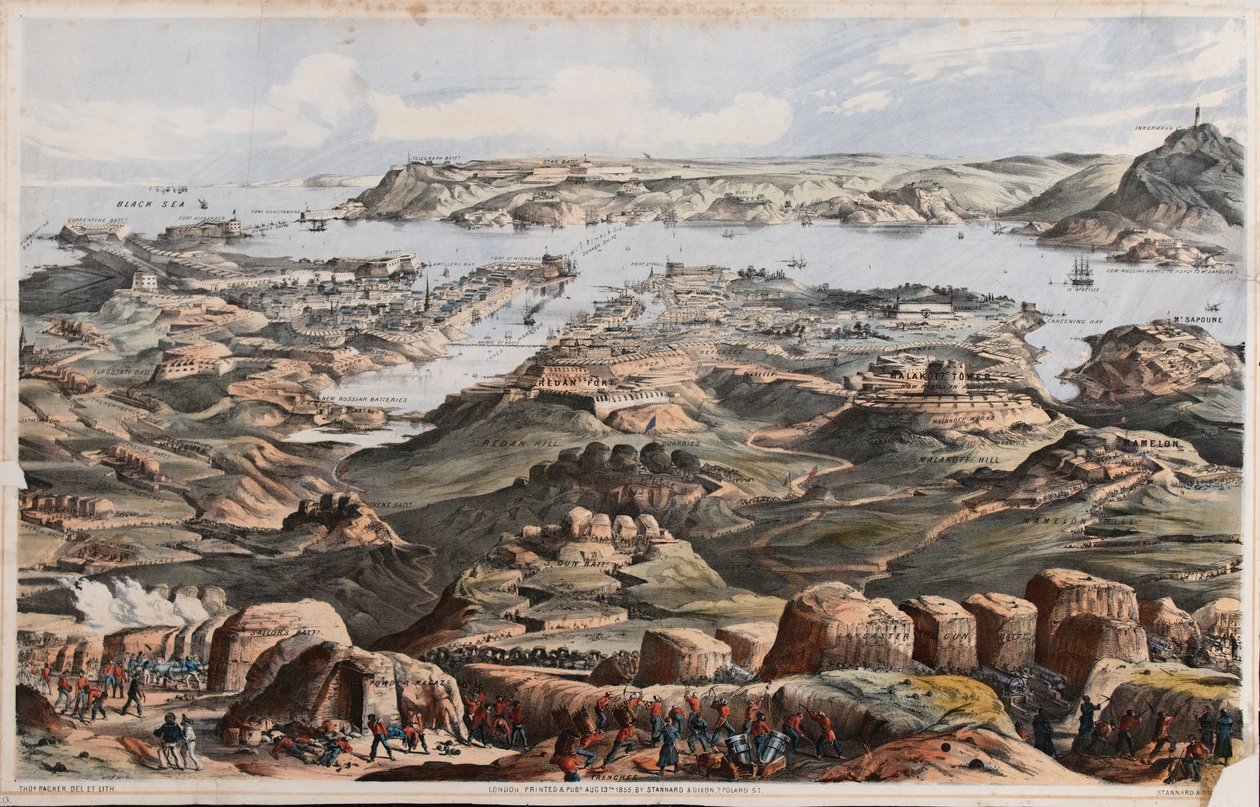Vue de Sébastopol depuis les ouvrages de siège britanniques, la batterie du marin et la batterie du canon Lancaster - Thomas Packer