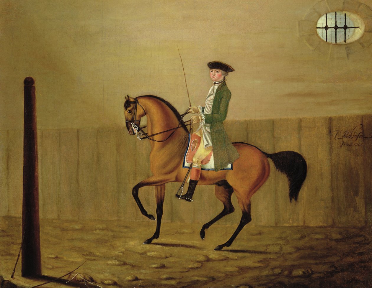 Gentleman sur un cheval bai dans une école d