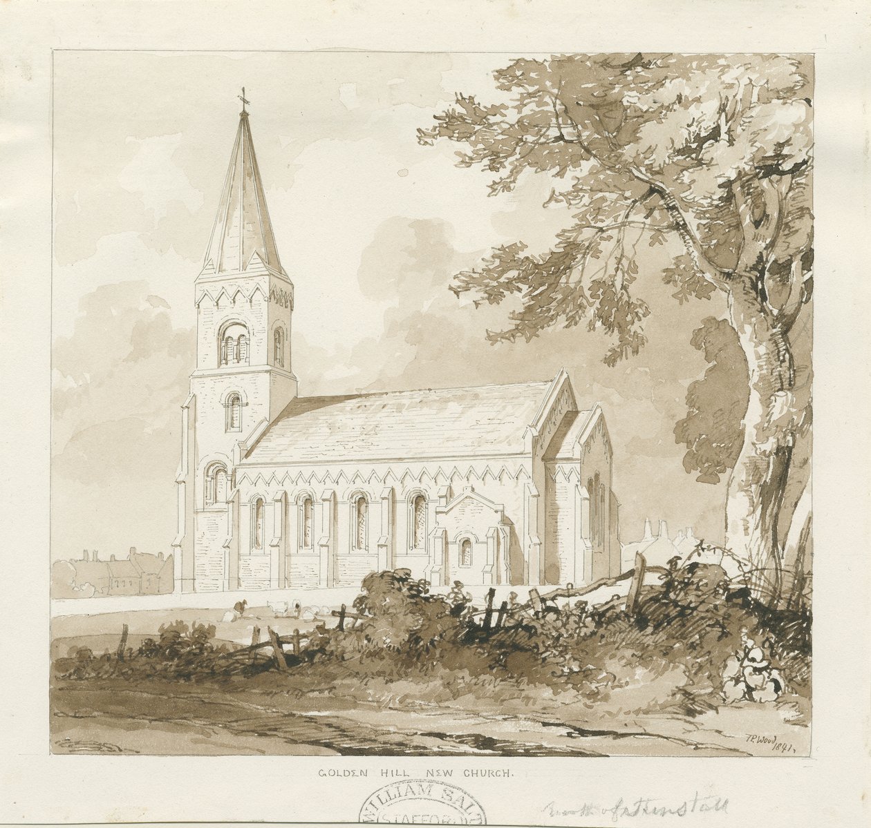 Église de Golden Hill (dessin lavis sépia) - Thomas Peploe Wood