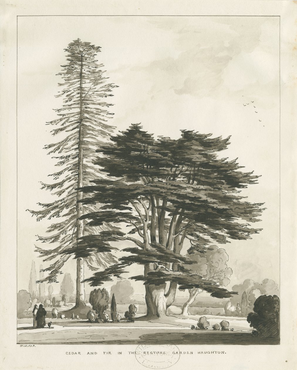 Presbytère de Haughton: dessin au lavis sépia - Thomas Peploe Wood