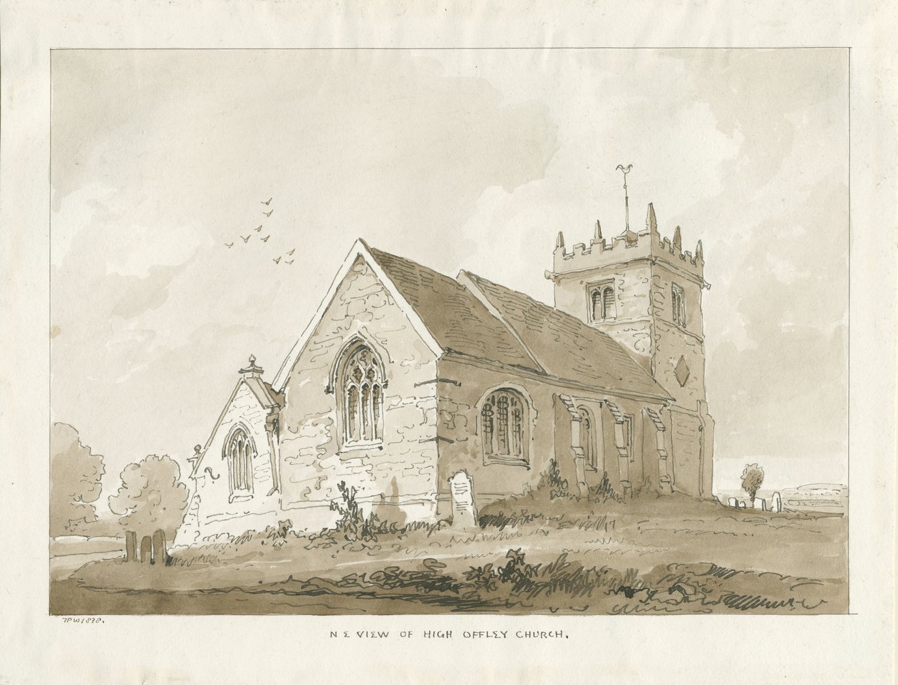 Église de High Offley : dessin sépia - Thomas Peploe Wood