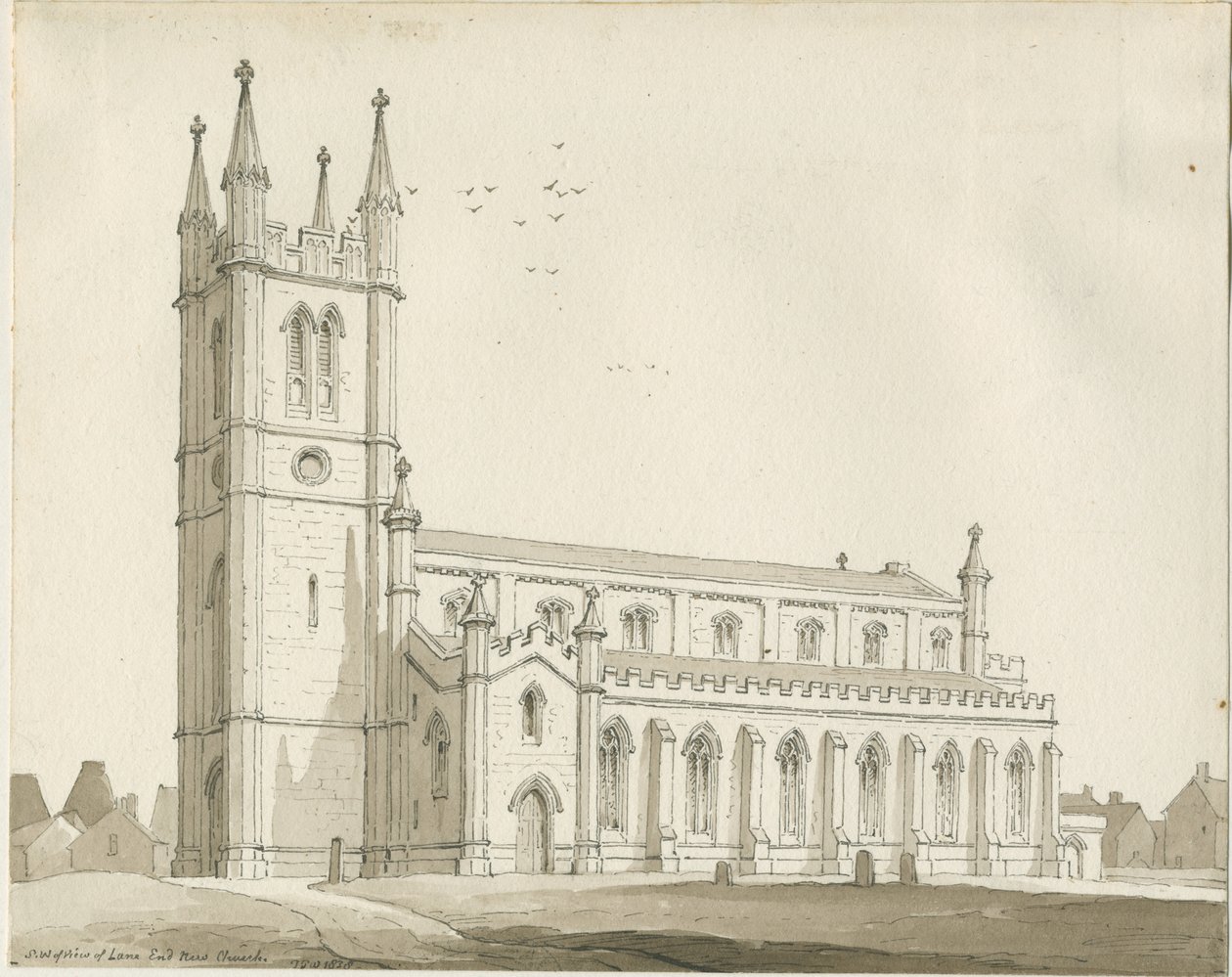 Lane End - Nouvelle église : dessin à la sépia - Thomas Peploe Wood