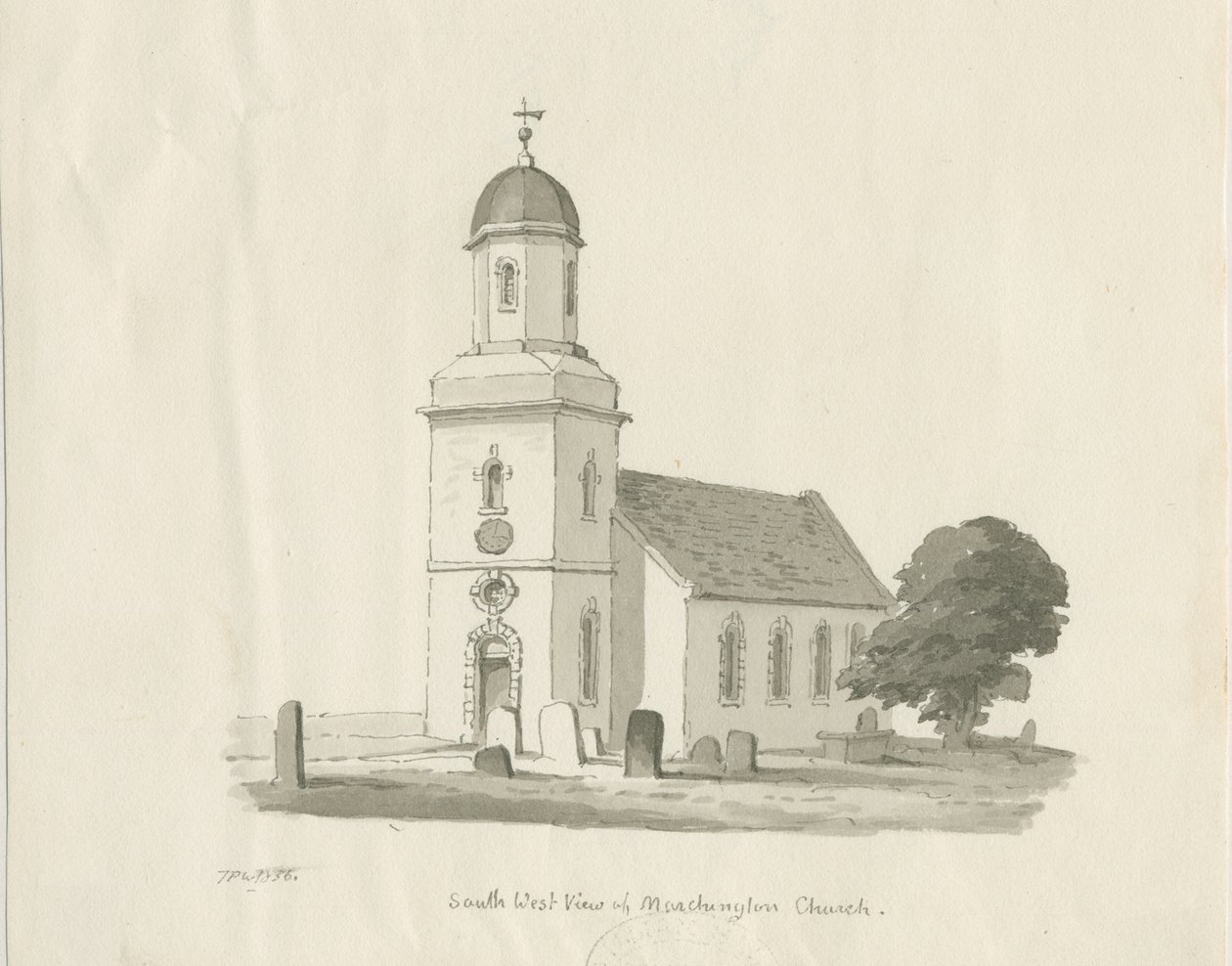 Église de Marchington : dessin au lavis sépia, 1836 - Thomas Peploe Wood