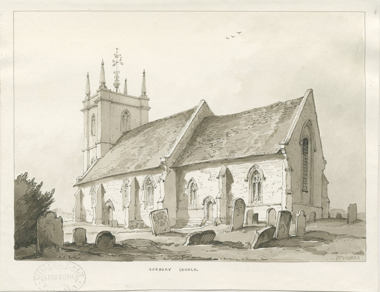 Église de Norbury : dessin au lavis sépia - Thomas Peploe Wood