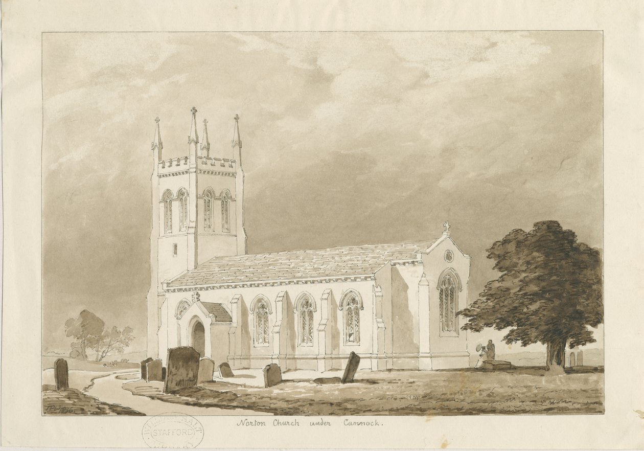Église de Norton Canes : dessin au lavis sépia - Thomas Peploe Wood