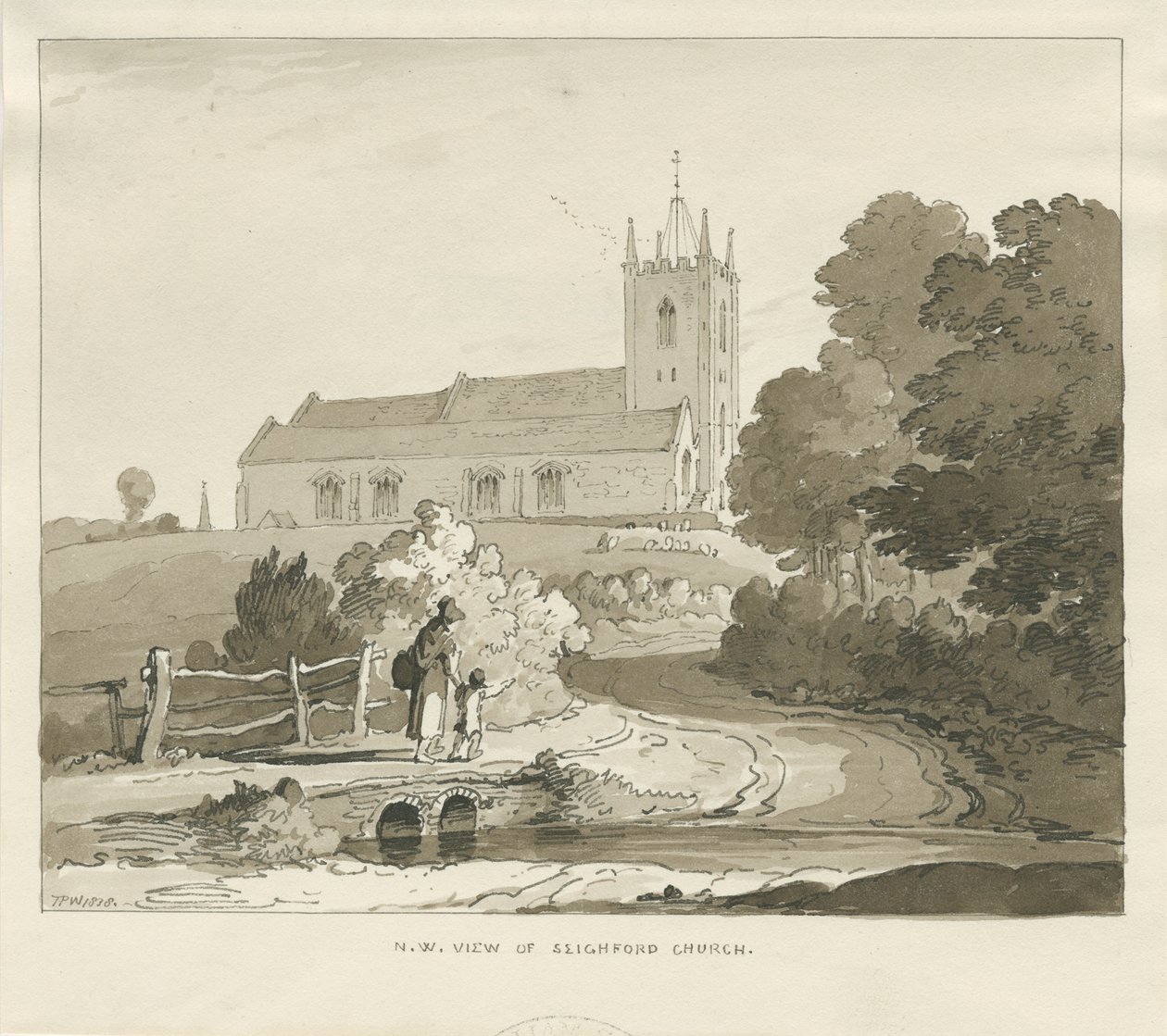 Église de Seighford : dessin au lavis sépia - Thomas Peploe Wood