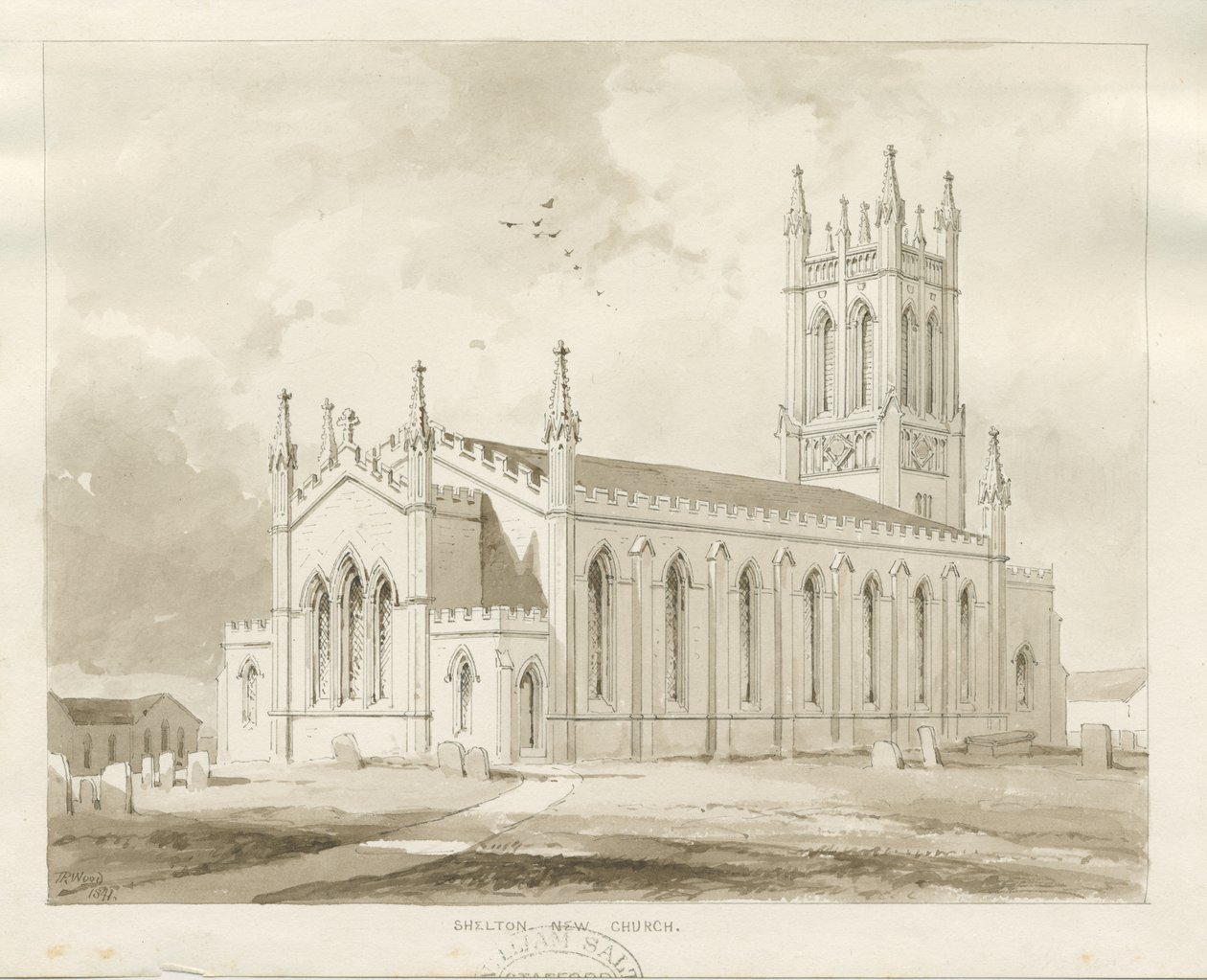 Église de Shelton : dessin au lavis sépia - Thomas Peploe Wood