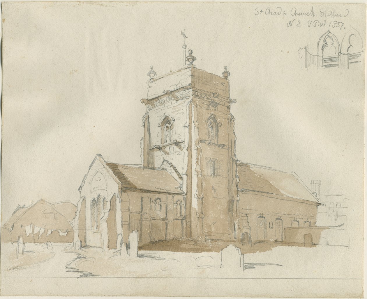 Stafford - Église Saint-Chad : dessin à la plume et au lavis - Thomas Peploe Wood