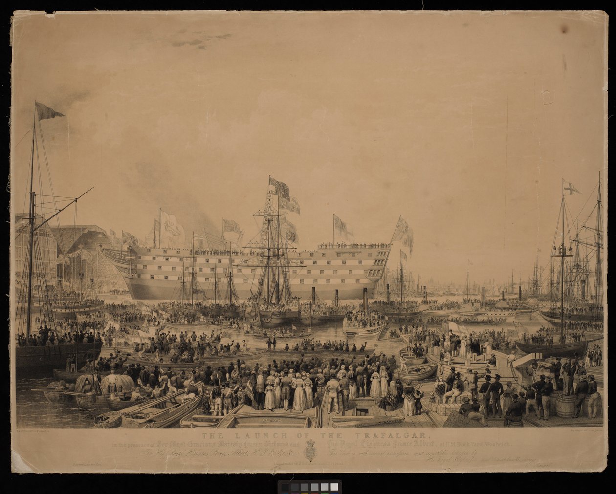 Le lancement du Trafalgar, en présence de Sa Très Gracieuse Majesté la Reine Victoria et de Son Altesse Royale le Prince Albert, au chantier naval de Woolwich - Thomas Picken