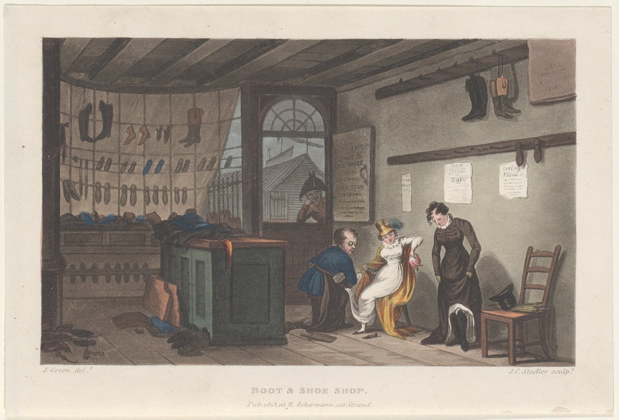 Boutique de bottes et chaussures, des Esquisses poétiques de Scarborough, 1813. Créateurs : Thomas Rowlandson, Joseph Constantine Stadler, J. Bluck - Thomas Rowlandson, Joseph Constantine Stadler, J. Bluck