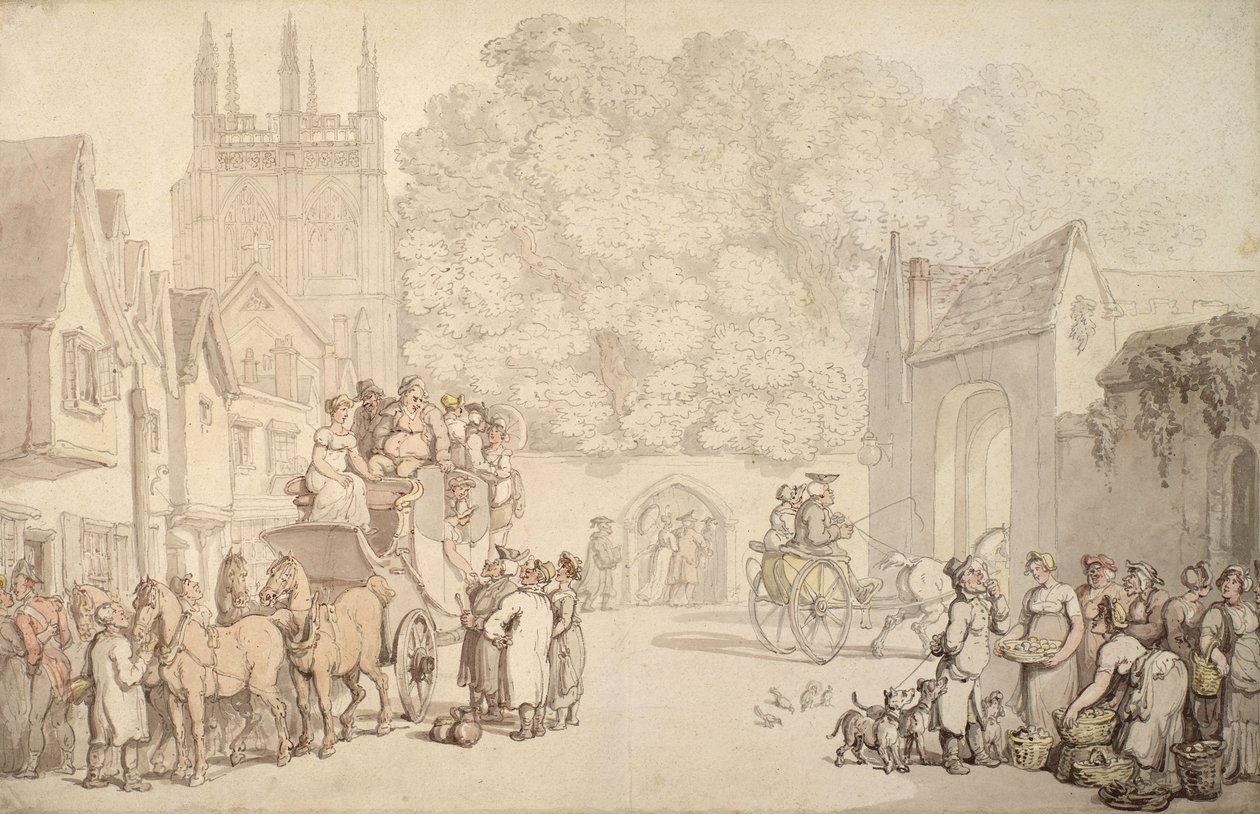 Une voiture se préparant à quitter Canterbury Gate, Christ Church, Oxford, c.1810-15 - Thomas Rowlandson
