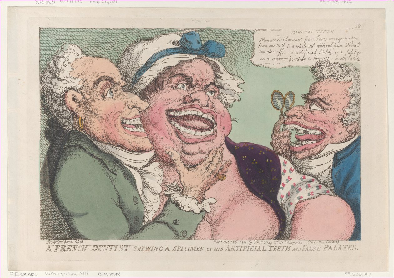 Un dentiste français montrant un spécimen de ses dents artificielles et faux palais, 26 février 1811 - Thomas Rowlandson