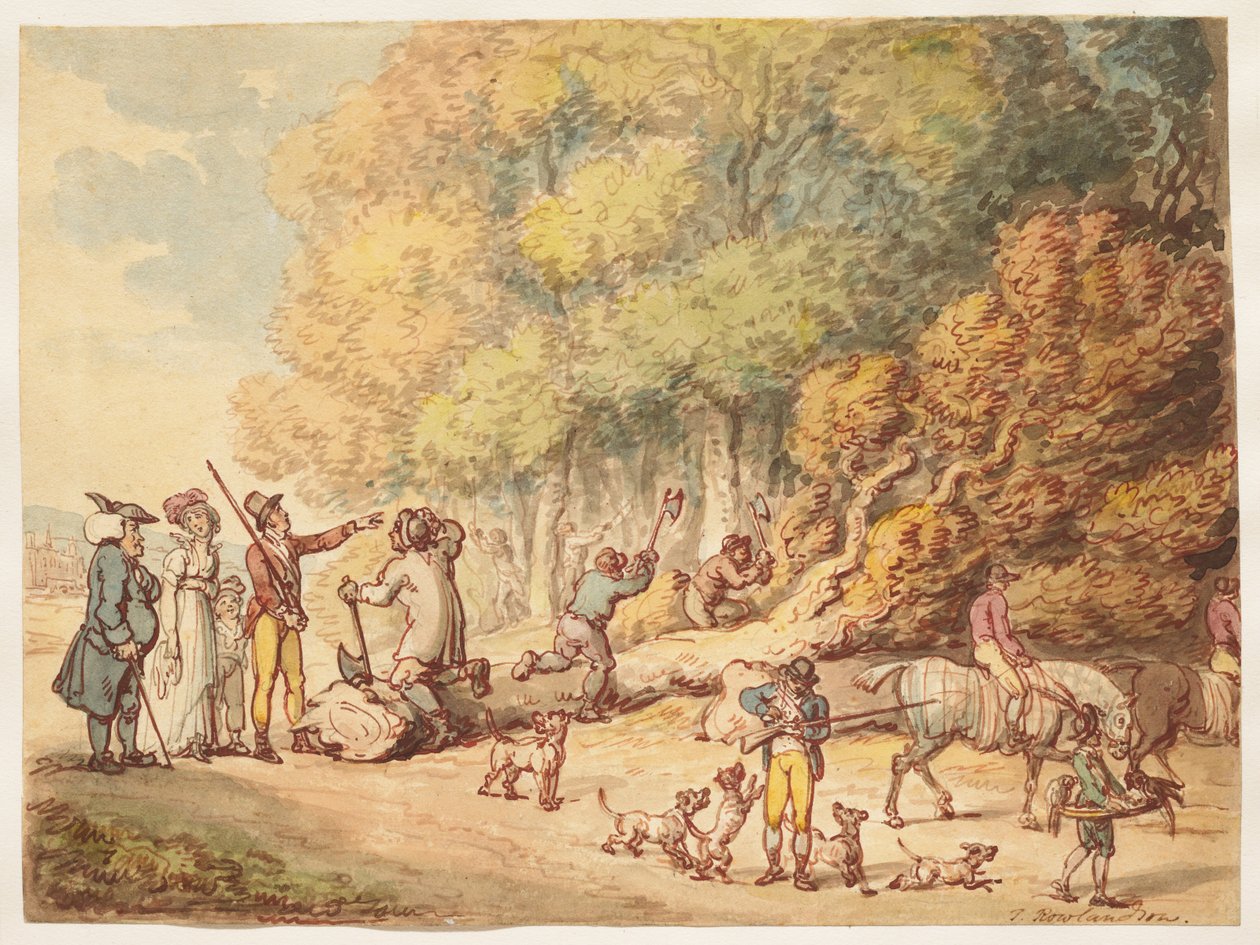 Un chasseur avec sa famille donnant des instructions à des bûcherons pour débiter un arbre abattu - Thomas Rowlandson