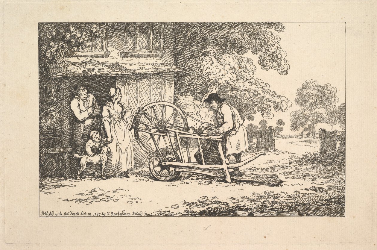 Un rémouleur ambulant devant la porte d