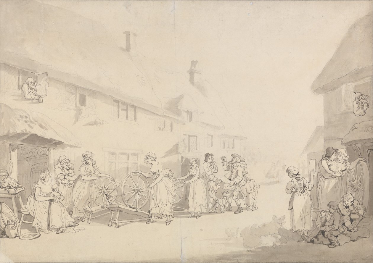 Une scène de village avec des jeunes filles filant la laine - Thomas Rowlandson