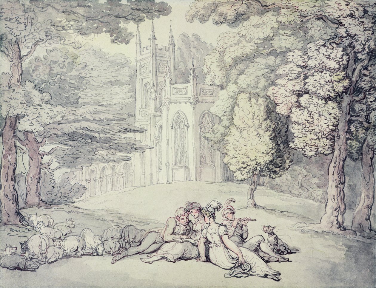 Un collège vert avec un groupe de demoiselles et de jeunes hommes au premier plan - Thomas Rowlandson